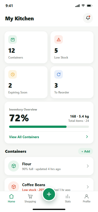 My Kitchen dashboard with container, low-stock, expiry and reorder counts plus a 72% inventory overview