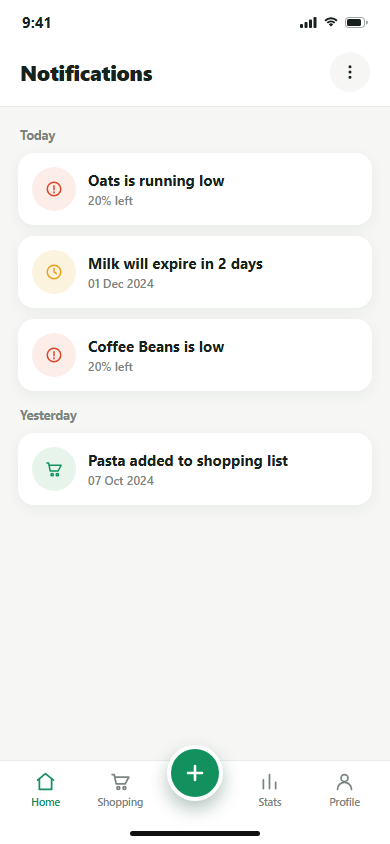 Notifications feed with low-stock and expiry alerts