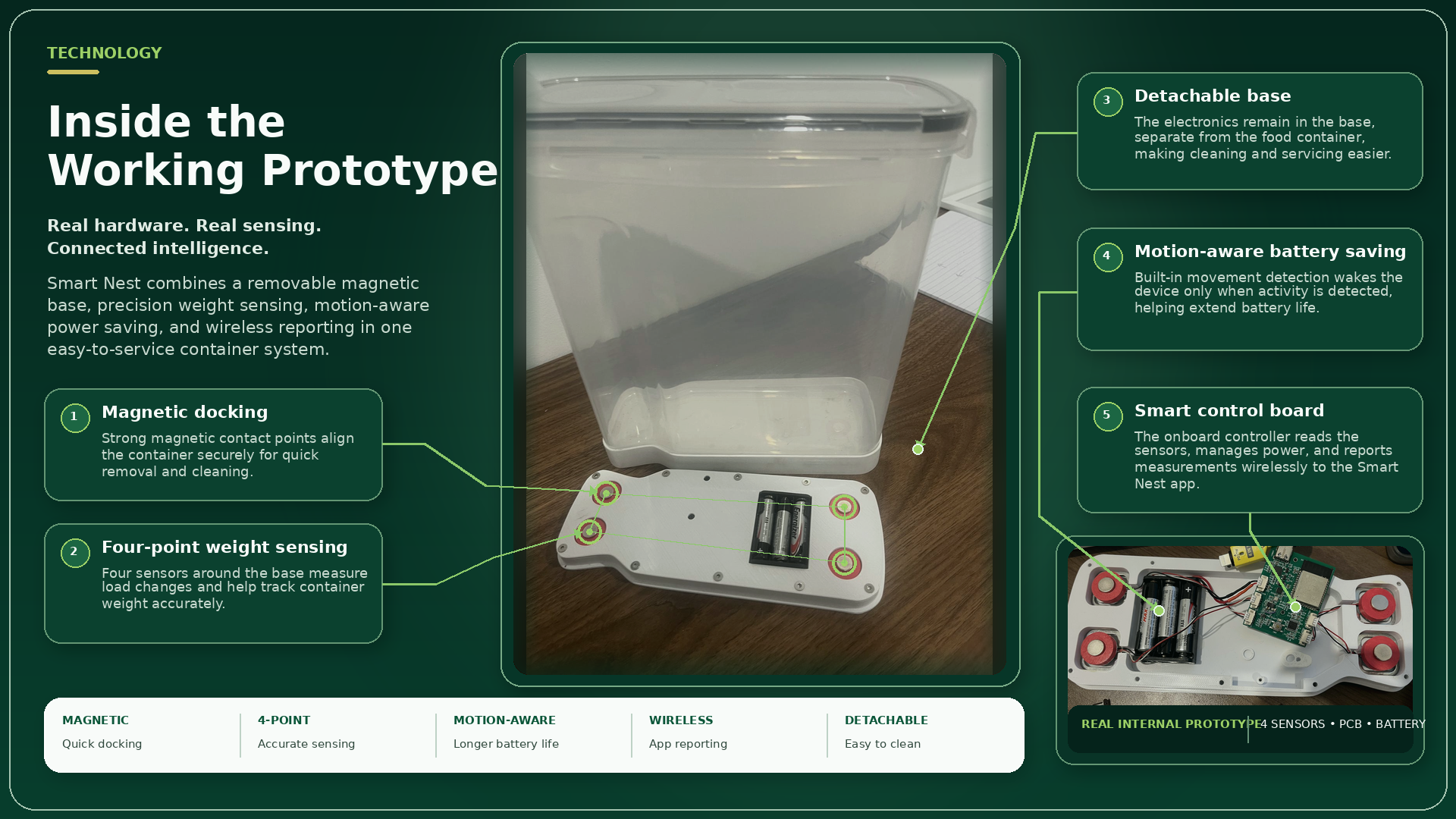 Smart Nest technology diagram showing magnetic docking, four-point weight sensing, detachable base, motion-aware battery saving and smart control board